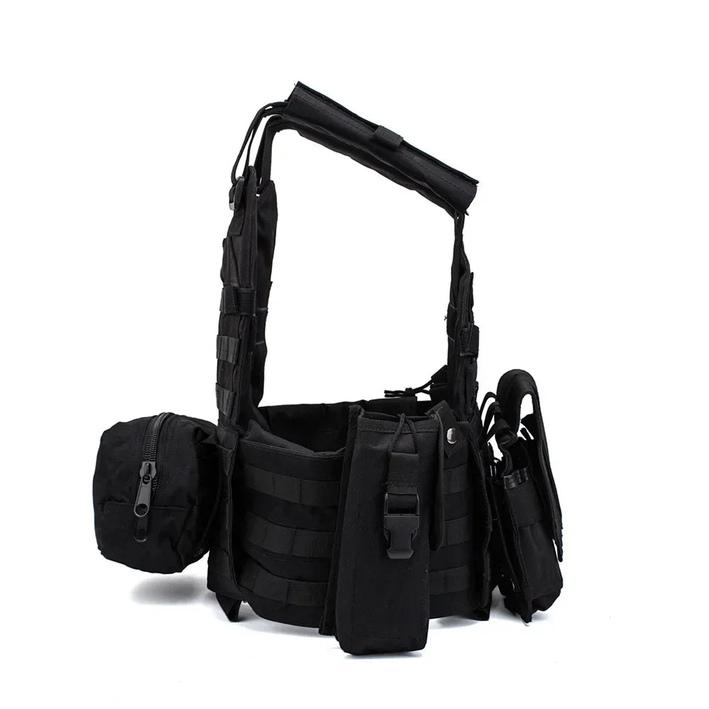Black tactical vest with multiple pouches on a white background