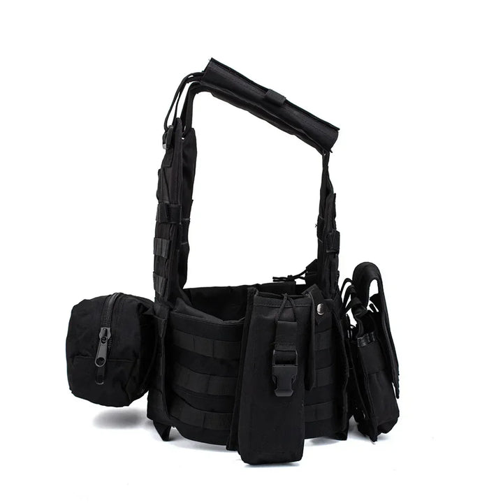 Black tactical vest with multiple pouches on a white background