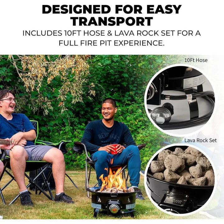 Two people sitting around a portable fire pit with a 10ft hose and lava rock set included.