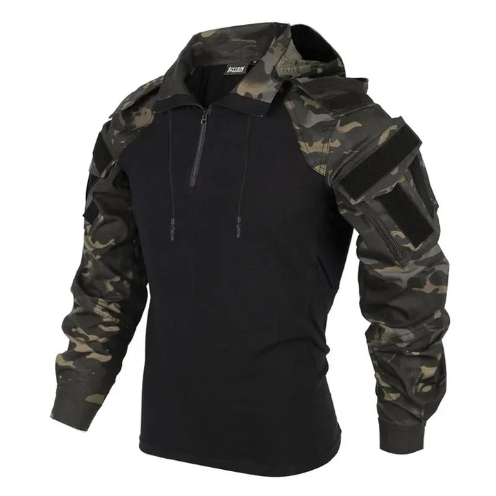 SmartGearPros Outdoor Camo Combat T-Shirt Hooded - Mens Tactical Shirt Airsoft Paintball Hunting