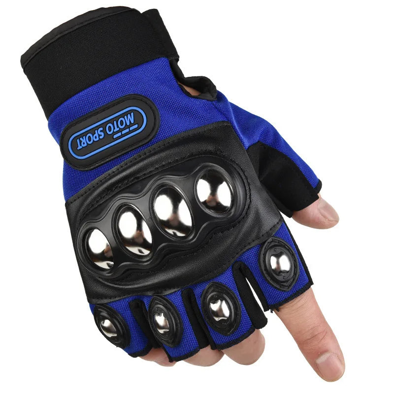 Blue and black glove with metallic accents on a white background