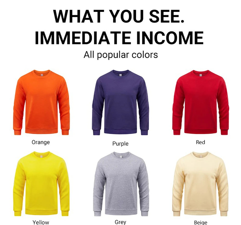 Collection of colorful sweatshirts in various colors with text about immediate income.