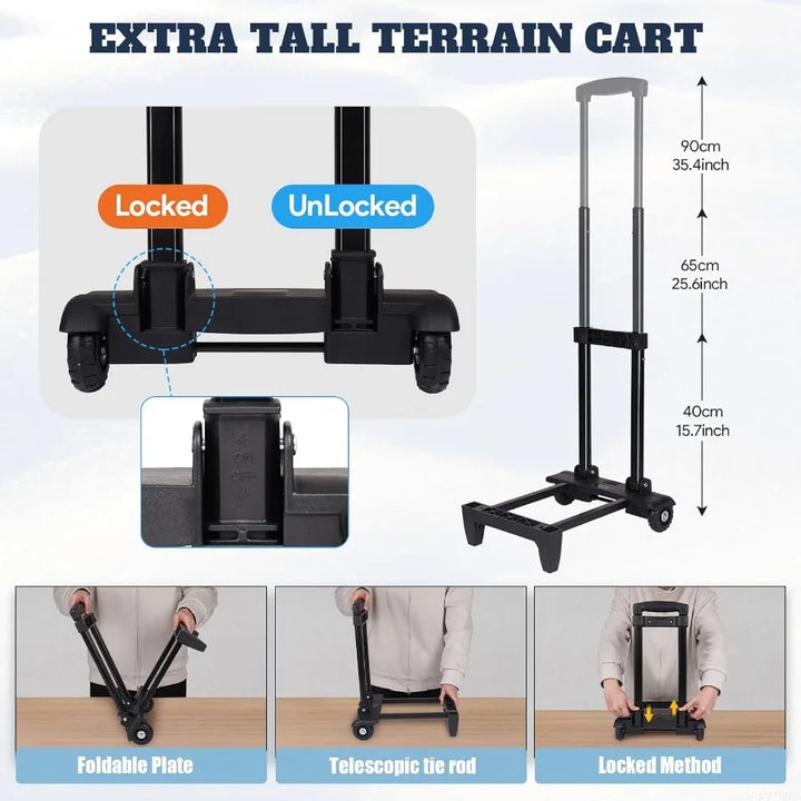 Extra tall terrain cart with locked and unlocked states, dimensions, and usage instructions.
