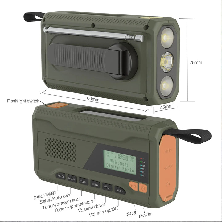 SmartGearPros Emergency Weather Radio with Bluetooth Speaker - Hand Crank Solar Rechargeable FM AM SW DAB Flashlight
