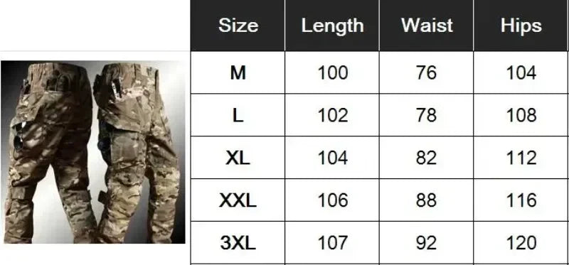 Camouflage pants with size chart on a black background