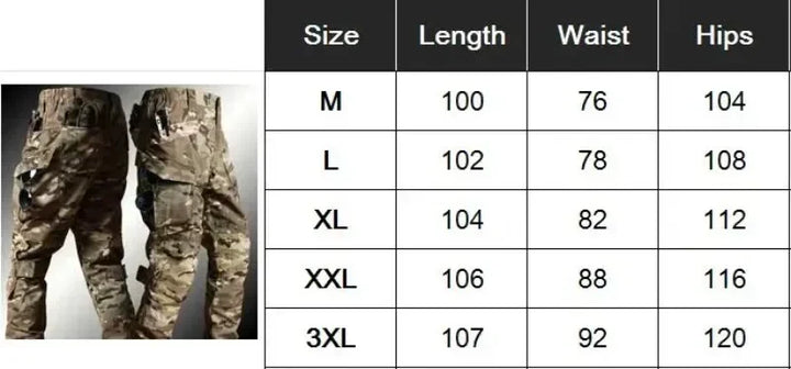 Camouflage pants with size chart on a black background