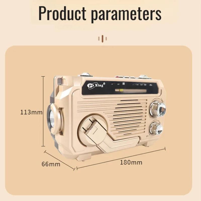 Beige portable radio with dimensions on a beige background