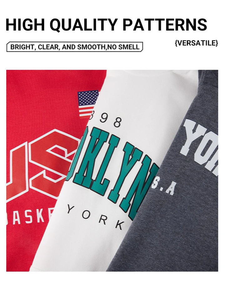 Three t-shirts with different designs and text, including 'US', 'Brooklyn', and 'New York'.