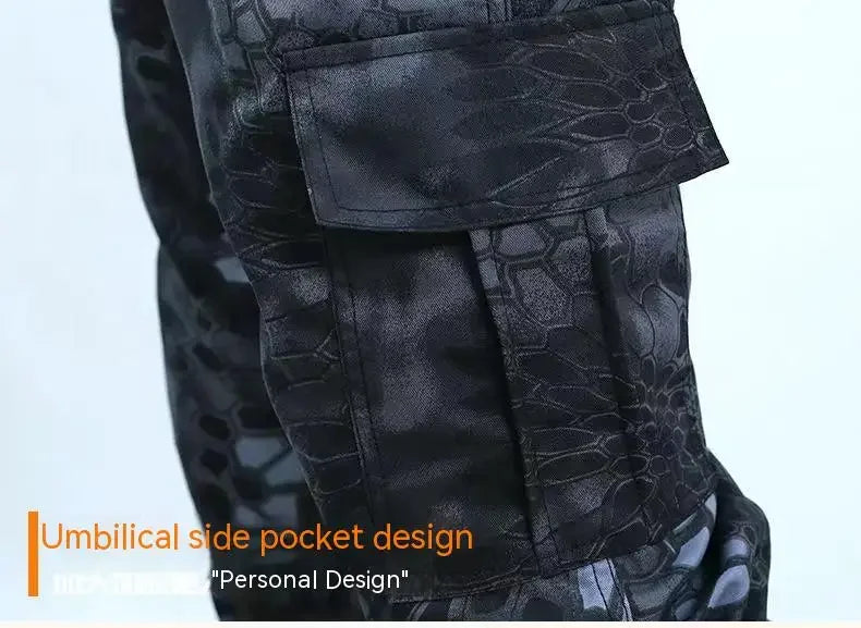 Black camouflage pants with umbilical side pocket design on a light gray background