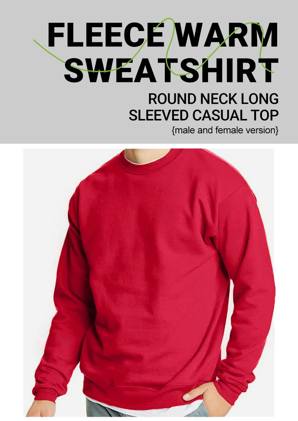 Red fleece warm sweatshirt on a white background with text about the product.
