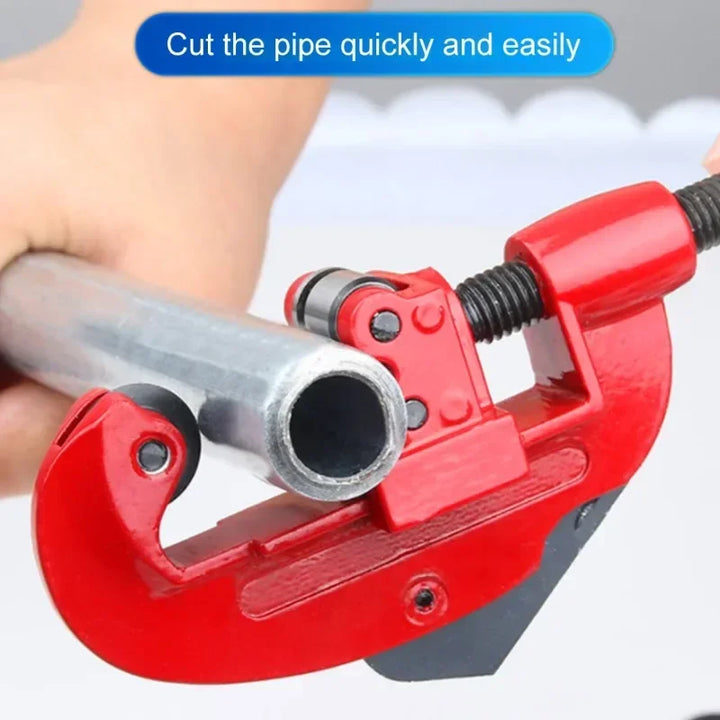 Red pipe cutter clamping a metal pipe with text 'Cut the pipe quickly and easily' on a white background.