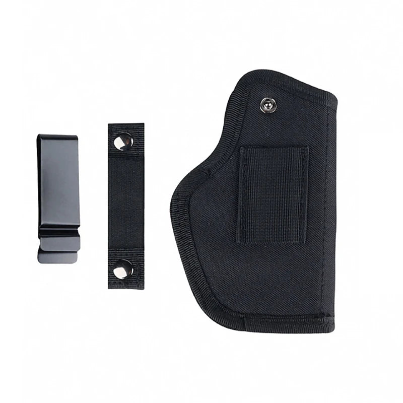 Black holster and two clips on a white background