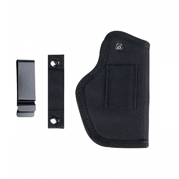 Black holster and two clips on a white background