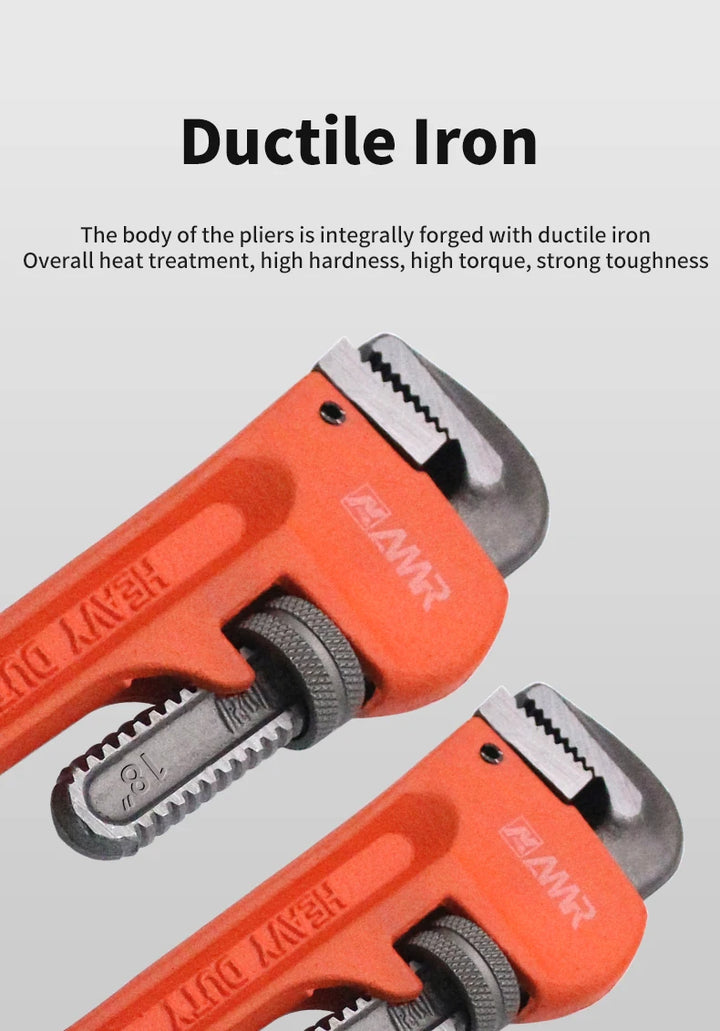 Orange pipe wrench with text about ductile iron construction on a light gray background