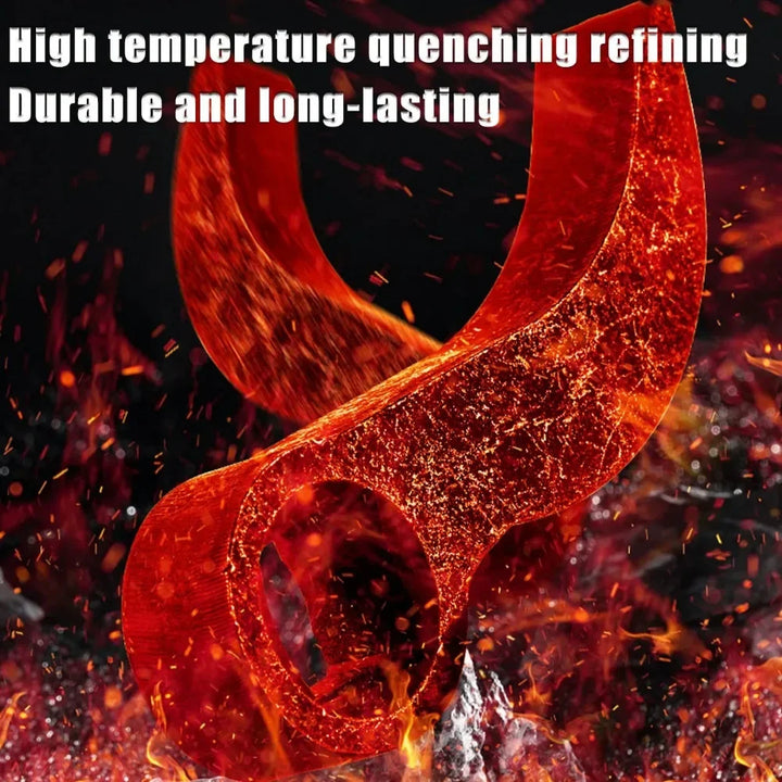 Red-hot metal object with flames and text about high temperature quenching refining and durability.