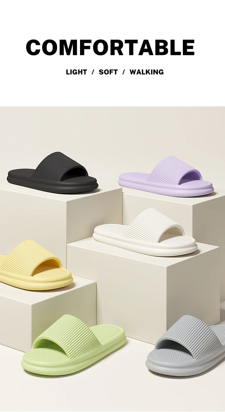 Colorful slides on geometric white blocks with 'COMFORTABLE' text above.