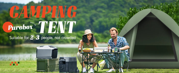 Camping scene with a couple by a tent, outdoor furniture, and Purobox branding.