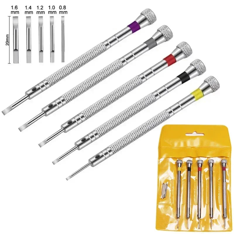 Five precision steel screwdrivers with color-coded heads neatly arranged on a clean wooden surface, alongside a yellow blister pack case showing the full 5-piece set with extra bits.