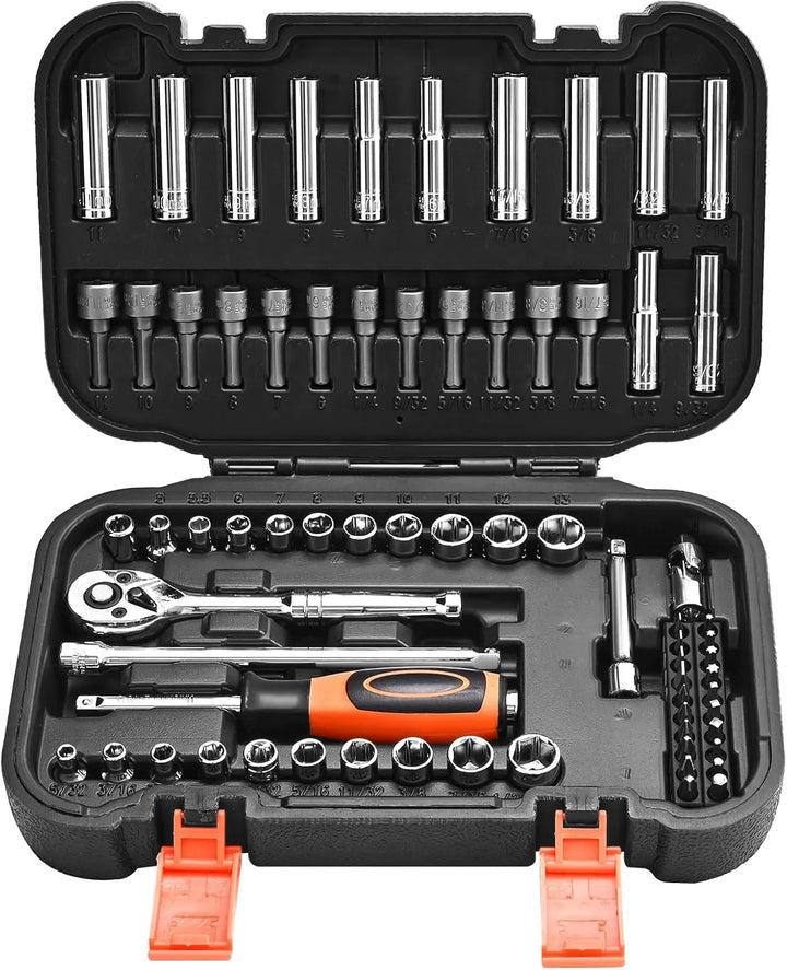 Open tool kit with various sockets and tools on a white background