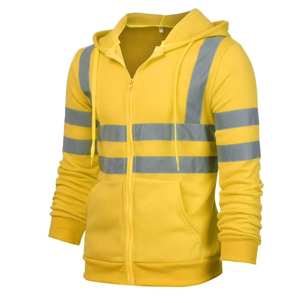 Yellow hoodie with reflective stripes on a white background