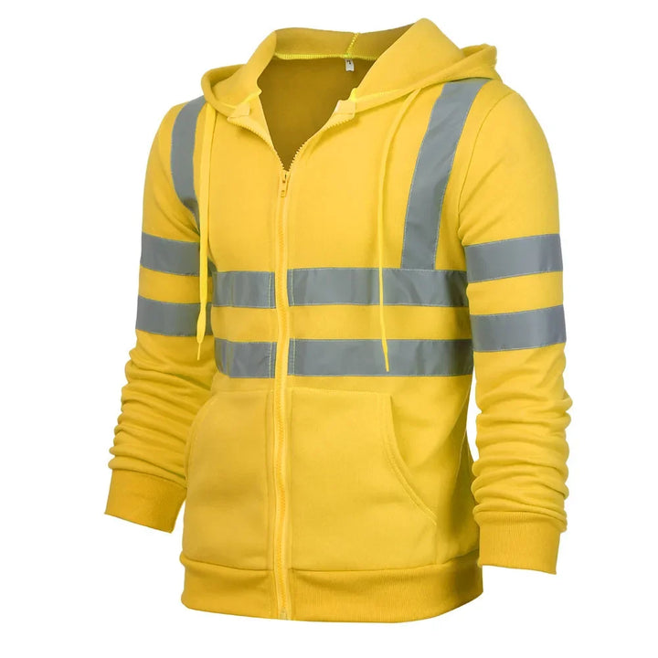 Yellow hoodie with reflective stripes on a white background