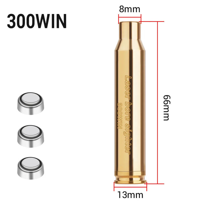 Gold laser bore sighter with measurements and '300WIN' text on a white background