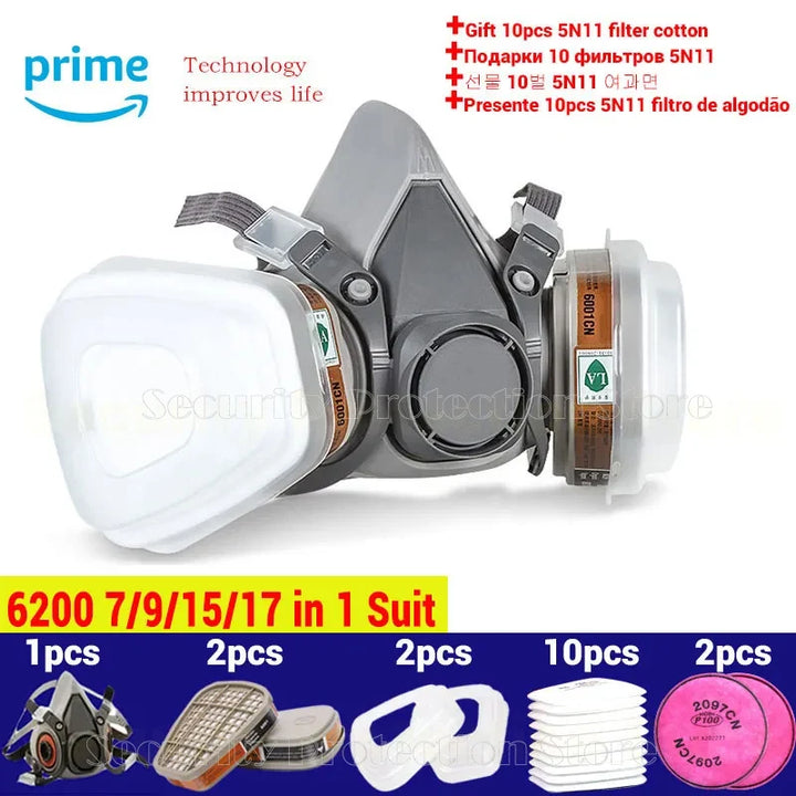 17-in-1 6200 Gas Mask Respirator mask with filter cartridges and cotton pads on a white background, featuring Amazon Prime branding.