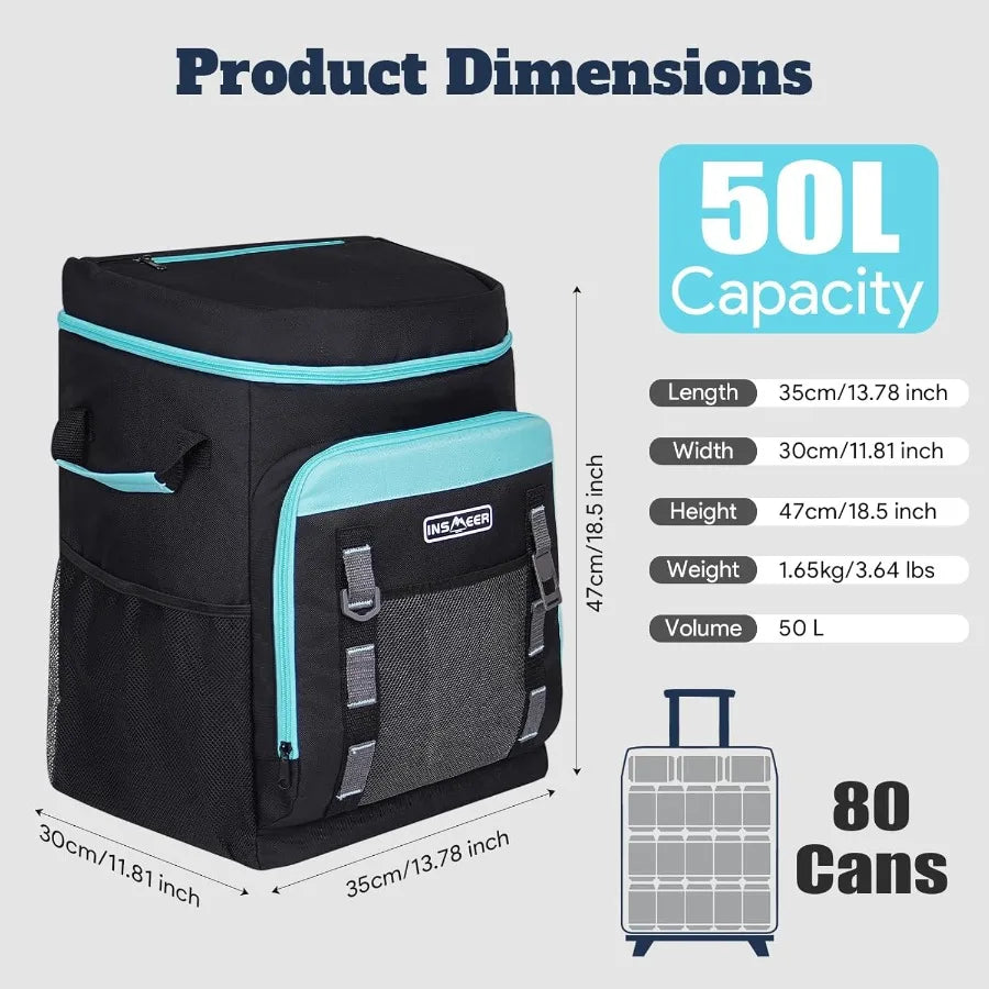 Black and blue cooler bag with dimensions and capacity details on a white background