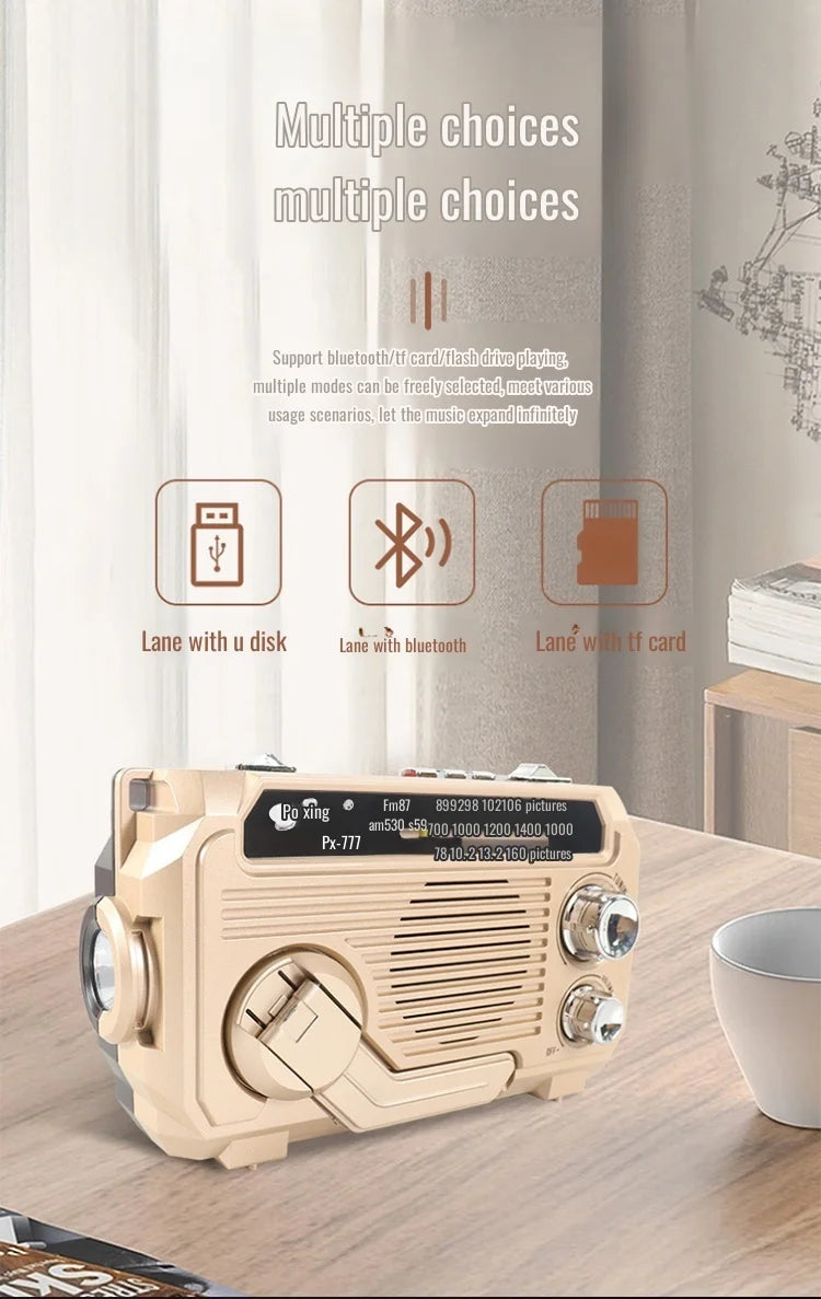 Vintage-style radio receiver on a table with text about connectivity options.