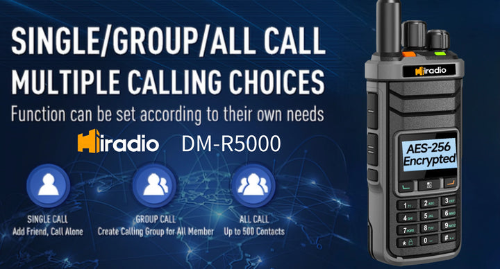 Hiradio DM-R5000 walkie-talkie with encryption features on a blue background