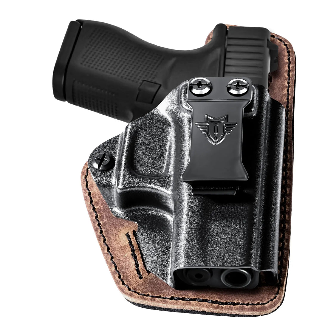 Black handgun in a brown leather holster on a white background