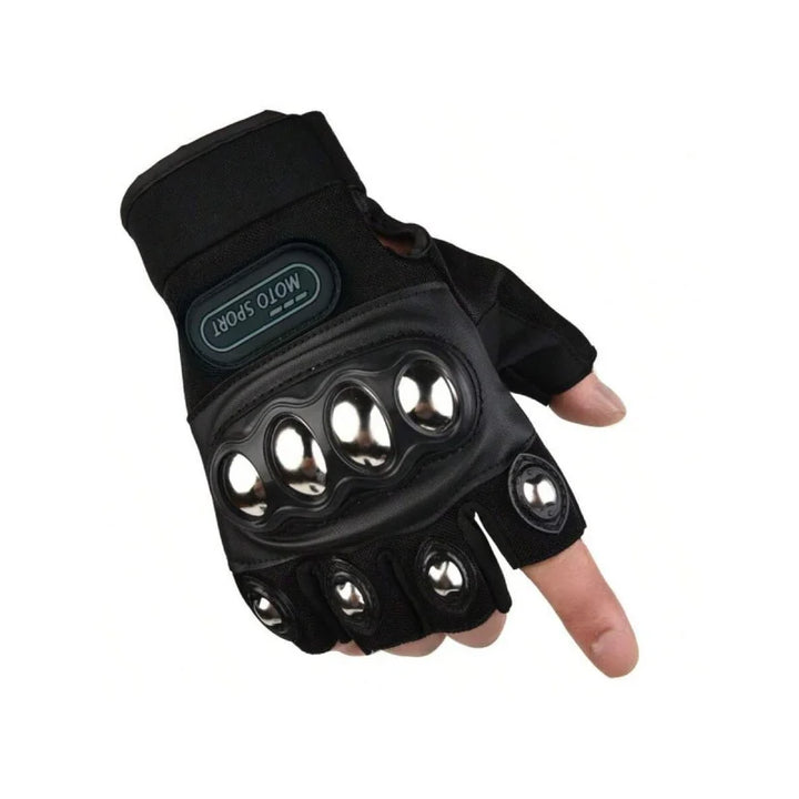 Black motorcycle glove with knuckle exposure on a white background