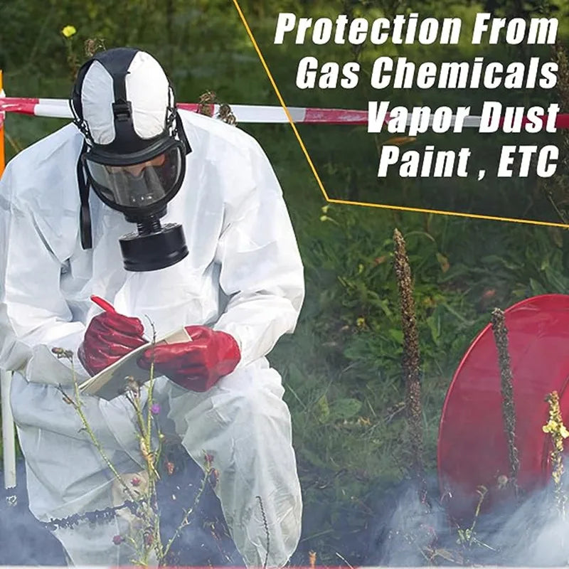Person in full protective suit and gas mask with text about protection from chemicals and dust. MF14 Type Gas Mask