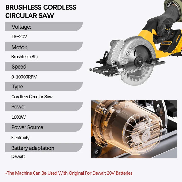 5 Inch Brushless Circular Saw Cordless Rechargeable Chainsaw Battery Set Woodworking One Hand Chainsaw For Dewalt 20V Battery product image showing features or usage