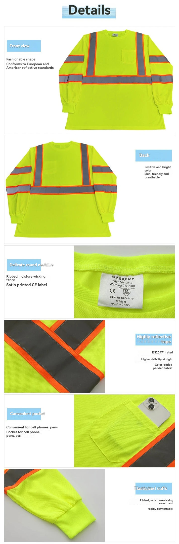 High-visibility safety jacket with reflective stripes and multiple angles shown.