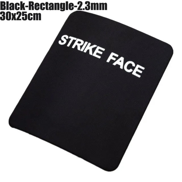 Black rectangular object with 'STRIKE FACE' text on a white background