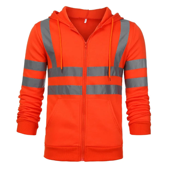 Orange hoodie with reflective stripes on a white background