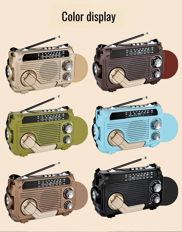 Collection of vintage-style radios in different colors on a beige background