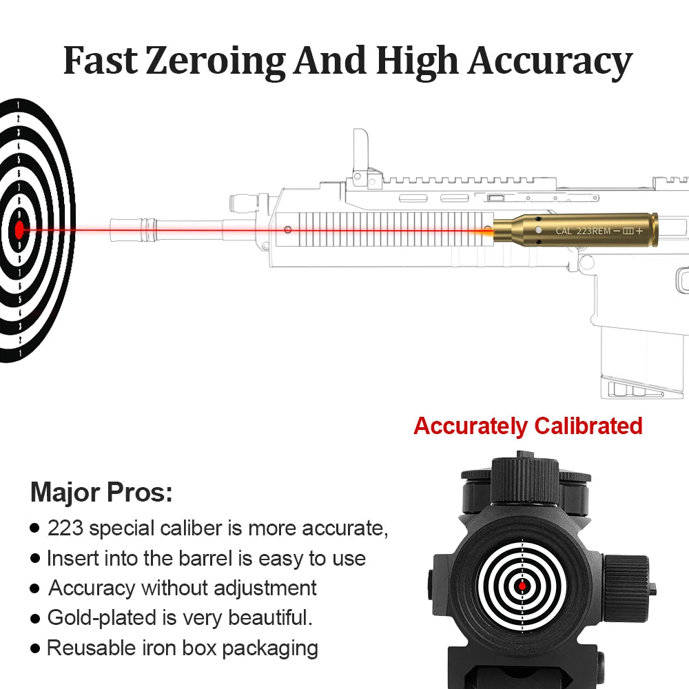 Diagram of a firearm with laser sight and target, highlighting fast zeroing and high accuracy.
