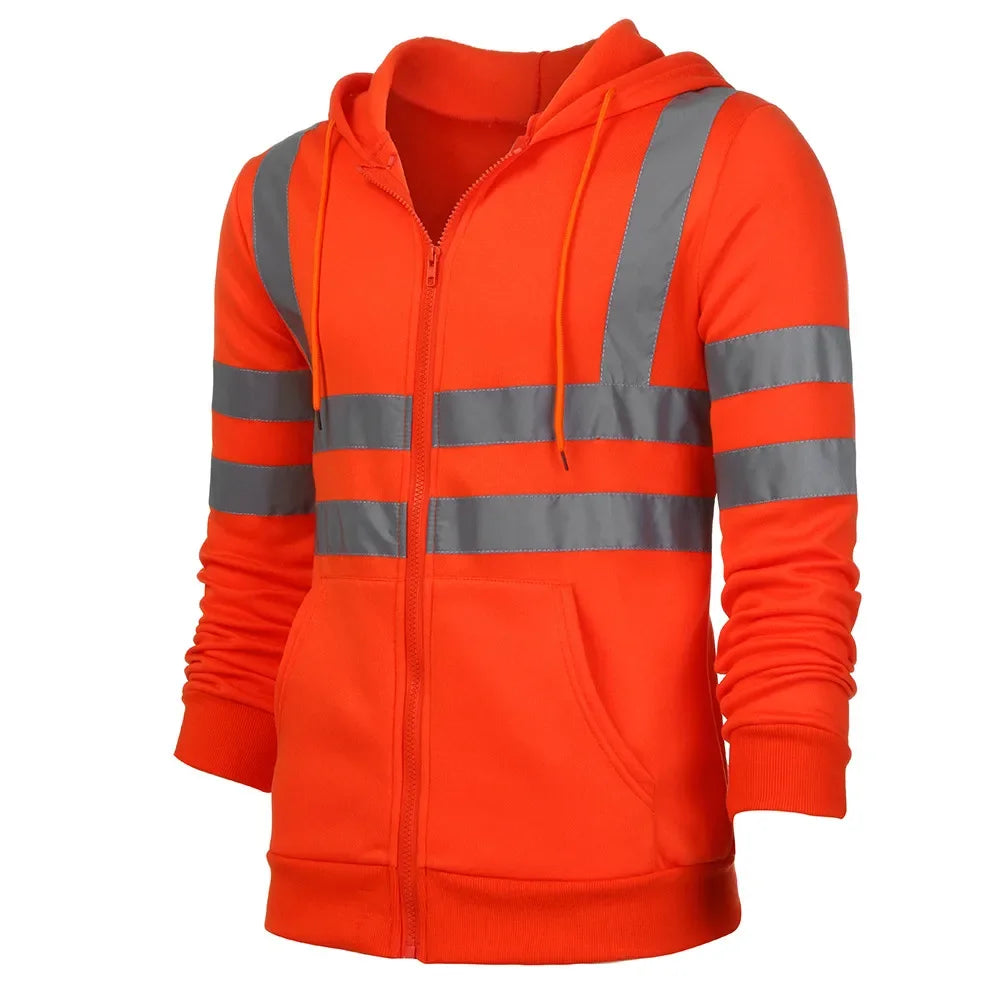 Orange hoodie with reflective stripes on a white background