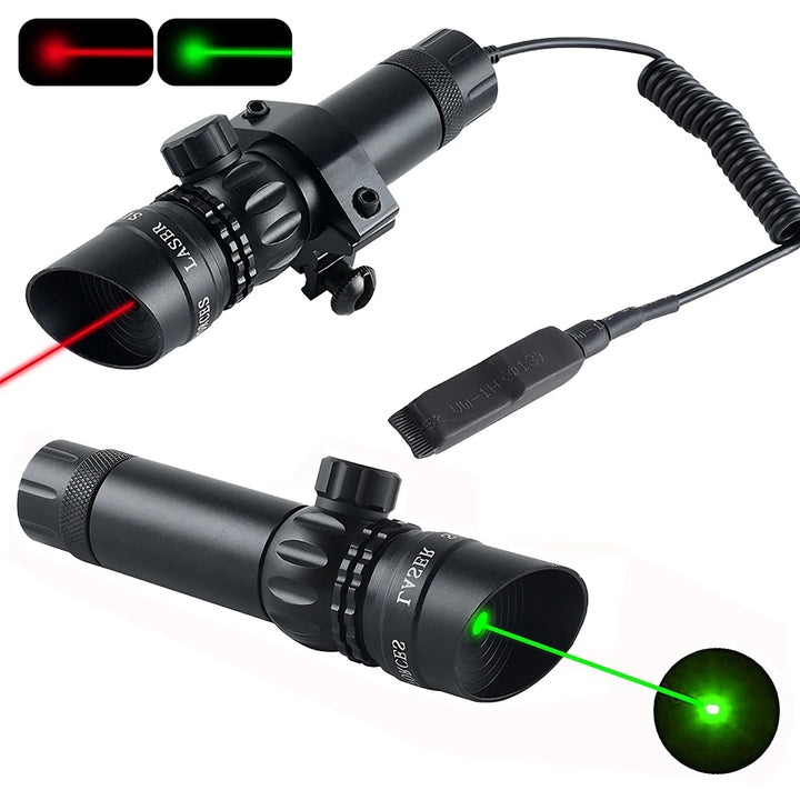 Tactical scope with red and green laser pointers on a white background