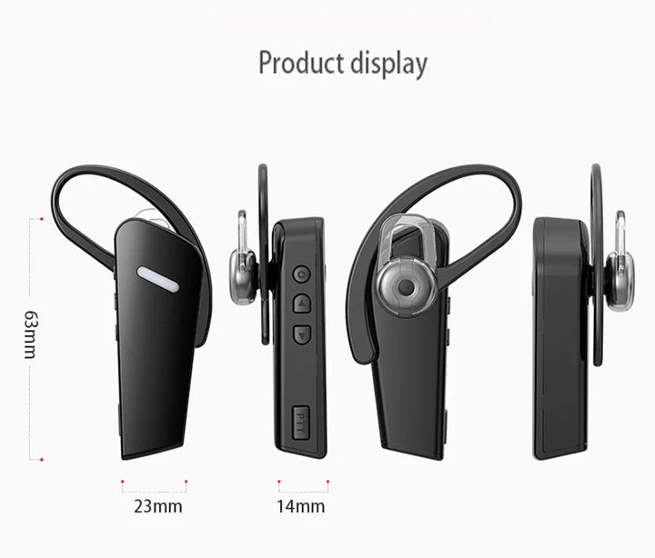 Black Bluetooth headset with dimensions on a white background