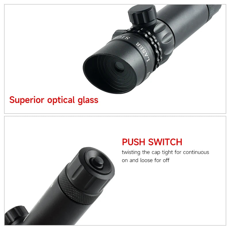 Black rifle scope with push switch feature on a white background