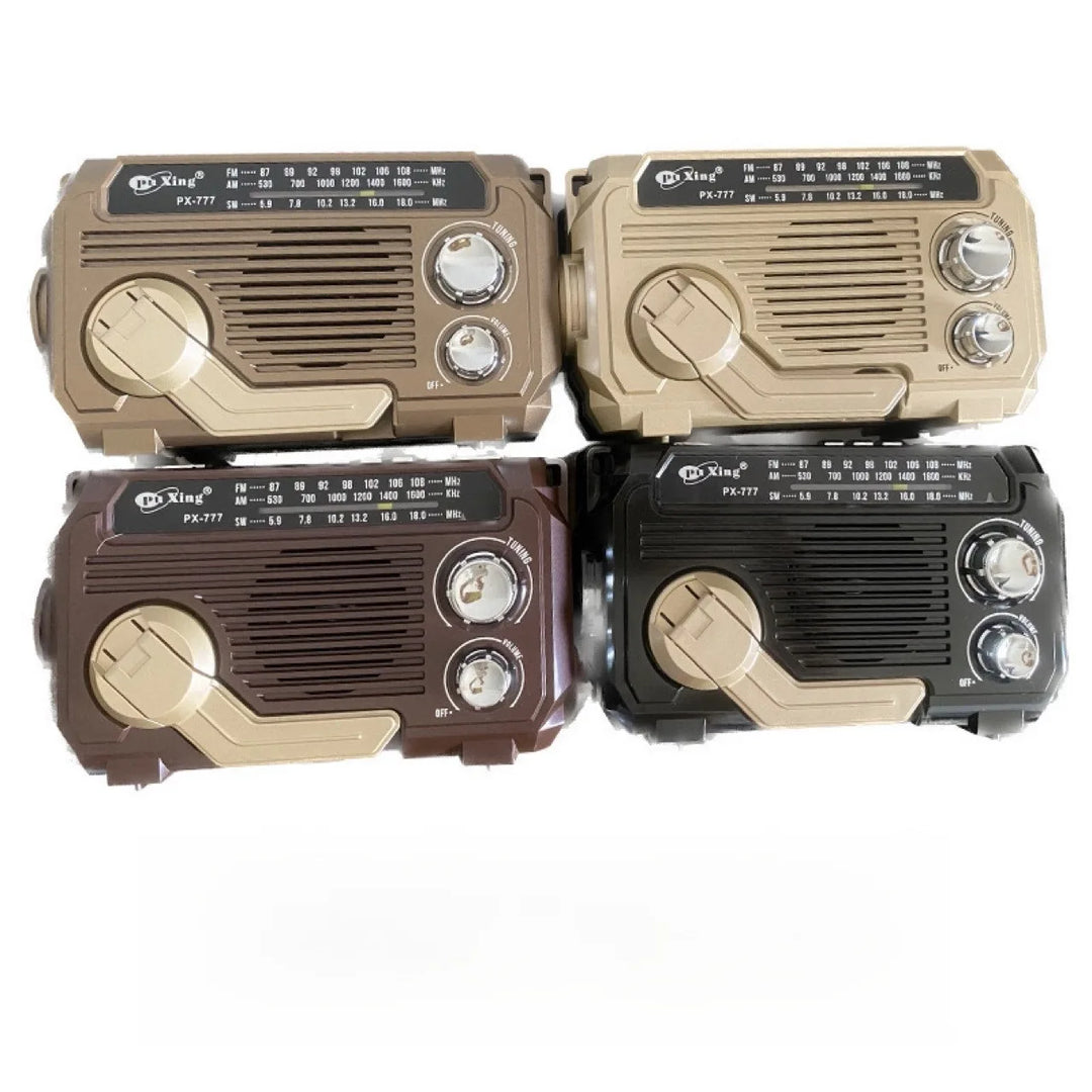 Four different models of a vintage-style radio receiver on a white background