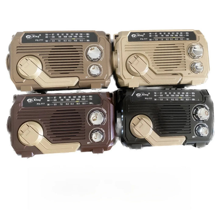 Four different models of a vintage-style radio receiver on a white background