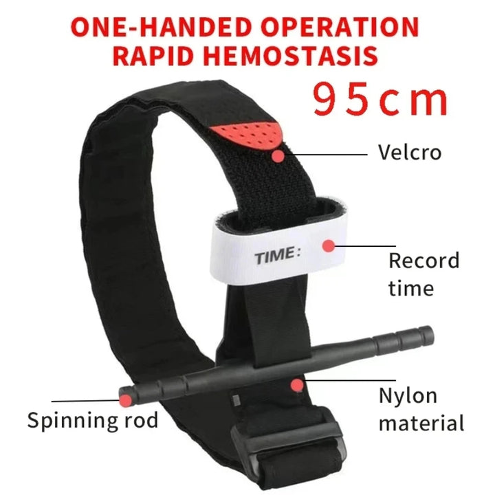 Black tourniquet with labeled components on a white background