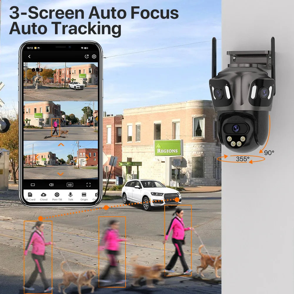 SmartGearPros TriSecure 4K WiFi Camera - AI Motion Tracking 3-Screen Security