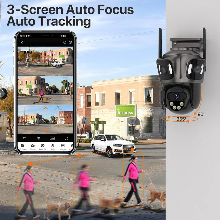 SmartGearPros TriSecure 4K WiFi Camera - AI Motion Tracking 3-Screen Security