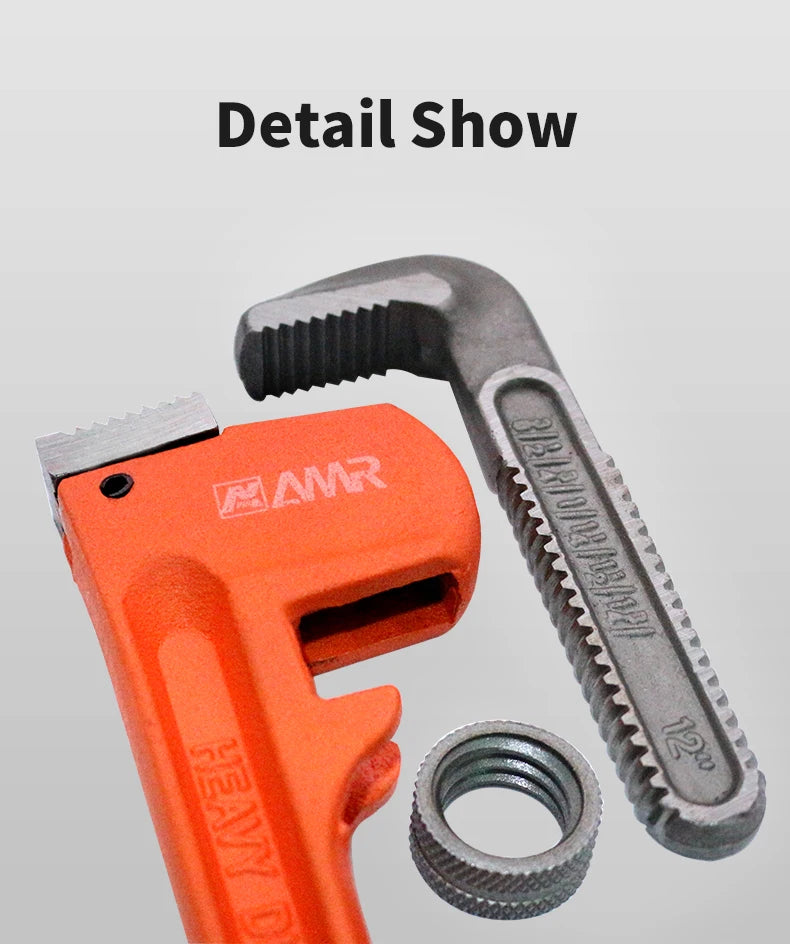 Pipe wrench and pipe fitting on a gray background with 'AWR' branding.