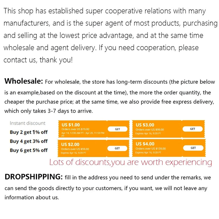 Text-based advertisement for wholesale discounts and dropshipping services on a white background.
